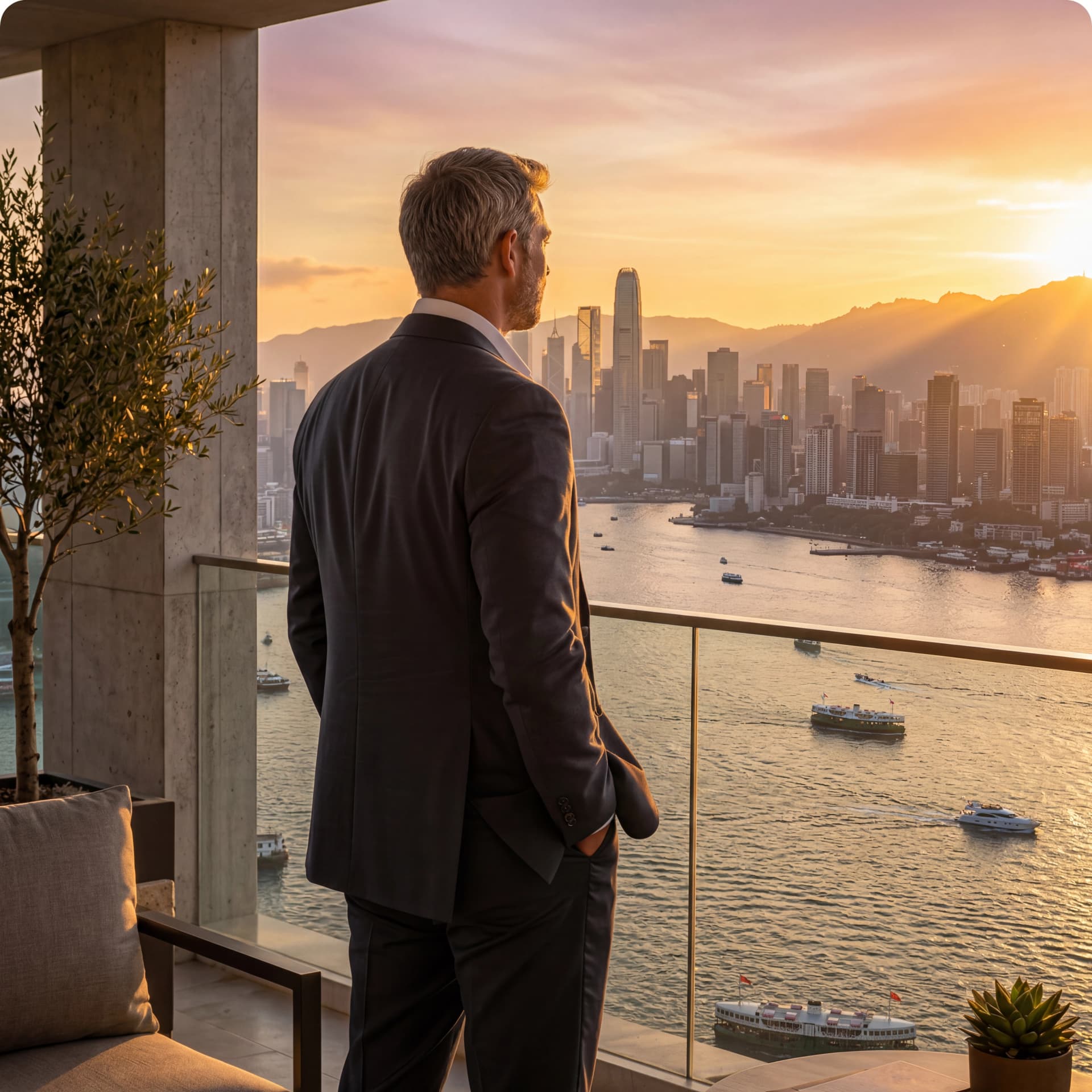 Corporate leader overlooking a city skyline, representing Godrej Wealth's wealth solutions for executives